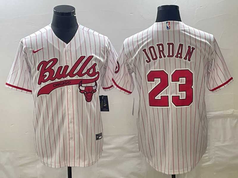 Men%27s Chicago Bulls #23 Michael Jordan White Pinstripe Cool Base Stitched Baseball Jersey